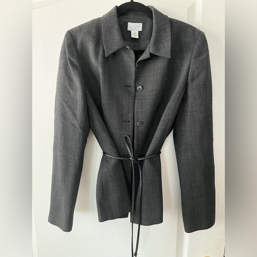 Ann Taylor loft grey weave suit jacket with leather belt